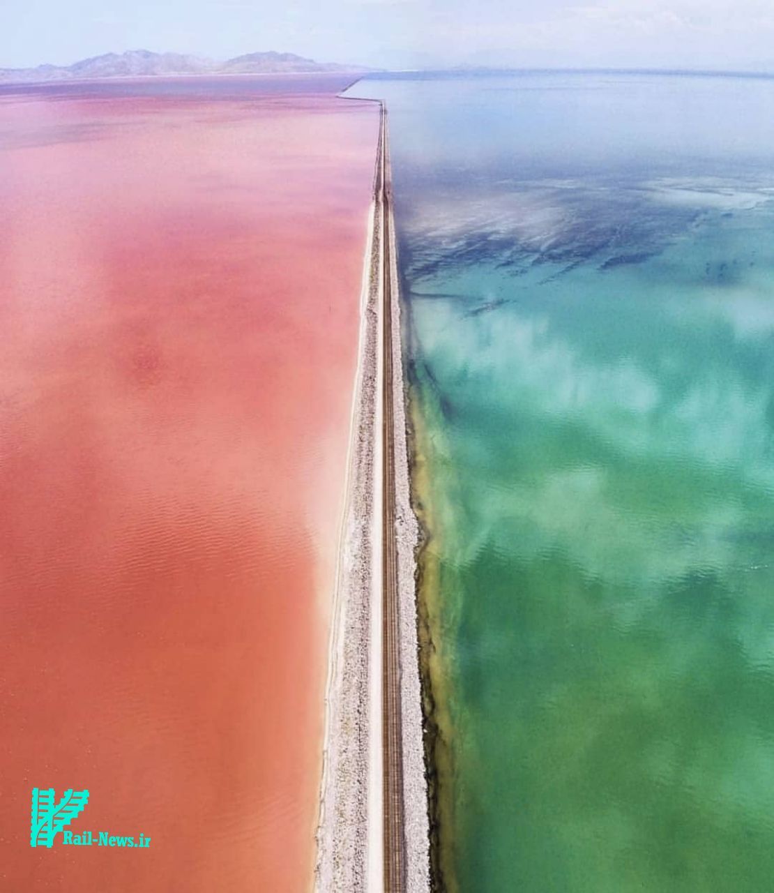 دریاچه رنگی بزرگ نمک در ایالت یوتا Utah و تقسیم آن به دو قسمت توسط راه آهن + عکس